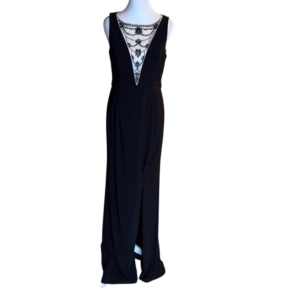 Adrianna Papell Black Beaded Illusion Neckline Evening Gown  Black Tie Dress